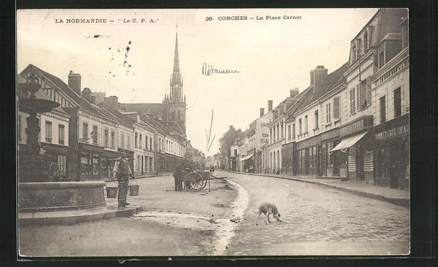 CPA Conches, Le Place Carnot, vue générale avec des passants et chien 1904