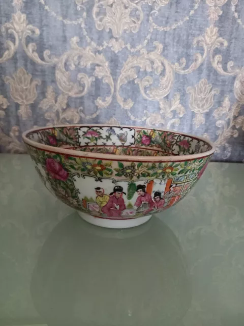 Large Chinese Canton Ware Porcelain Famille Rose Bowl With Small Pedestal Base 2