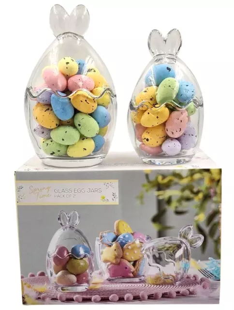 2 x Easter Glass Bunny Ear Mini Egg Jars Clear Decorative Spring Home Decoration