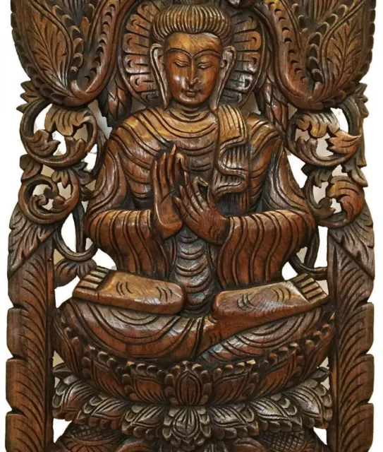 Solid Teak Wood Buddha Wall Art Sculpture Hand-Carved Panel Asian Plaque Decor