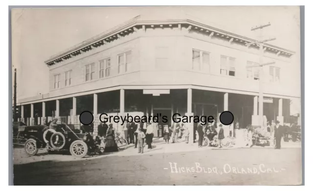 RPPC Hicks Building Old Car Motorcycle? ORLAND CA California Real Photo Postcard