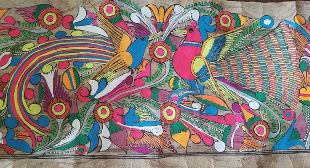 Large Vintage Neon Painted Amate Mexican Bark Painting Folk Art Birds Lion Deer