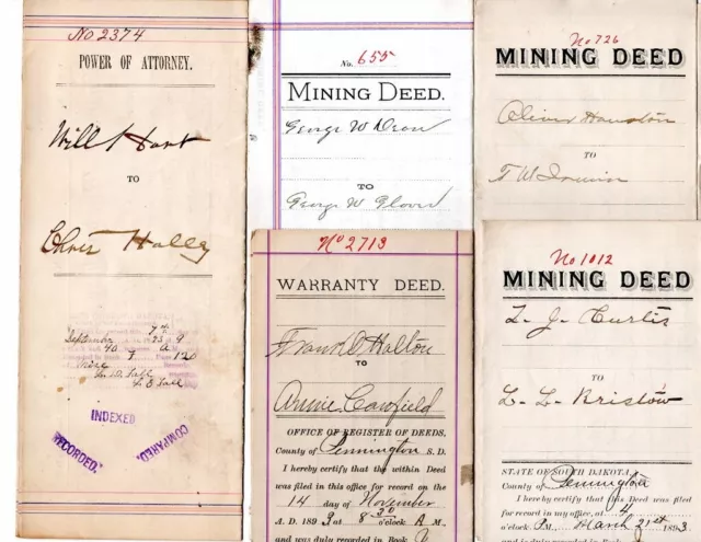 5 1893 Mining Deeds, P.o.a., Warranty Deed Hill City Mining District Black Hills