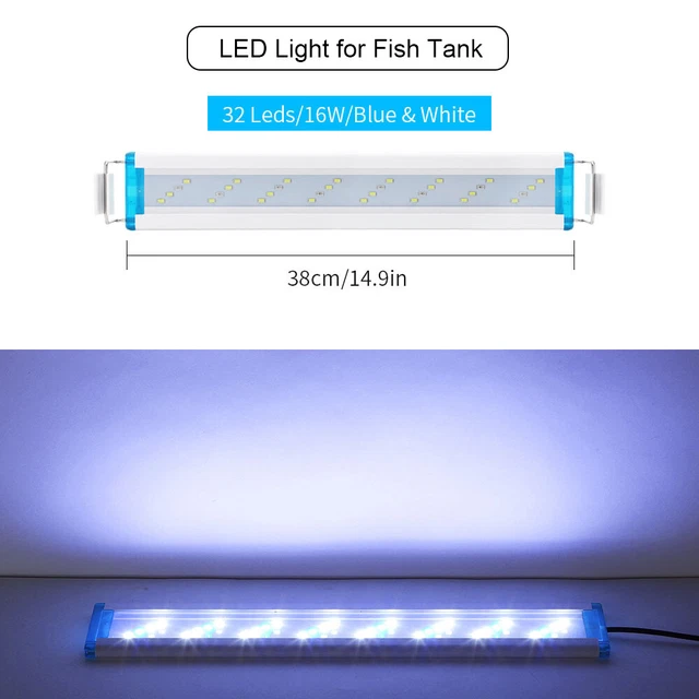 16W 38cm/14.96in Aquarium LED Light  Fish Tank Light Extendable Brackets H9R4