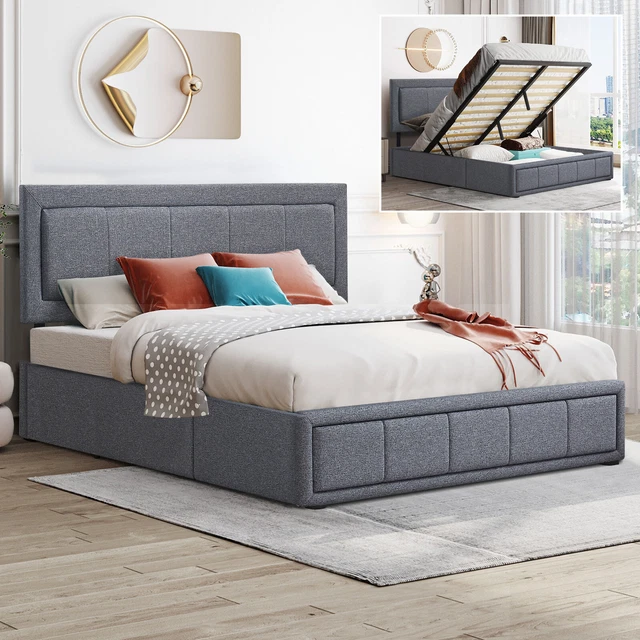 OTTOMAN BED FRAME Gas Lift Up 5Ft King Size Storage Bed Linnen Fabric