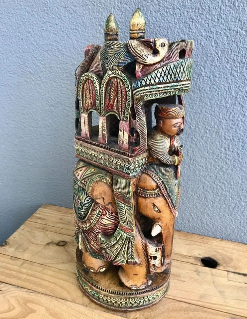 Vintage LARGE  Ambawadi  Elephant and rider wood carved figurine