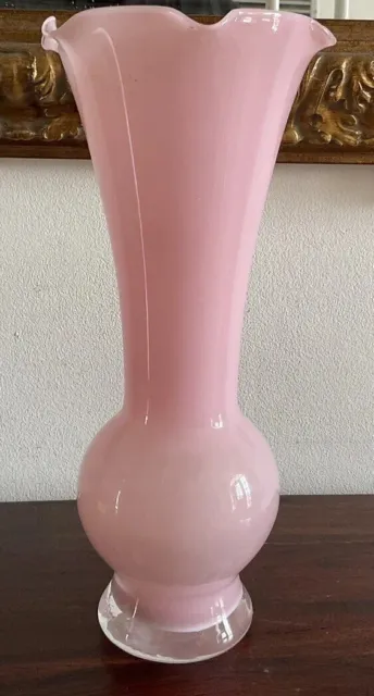 Beautiful Vintage Large Pale Pink Art Glass Vase Ruffled Rim- Italy