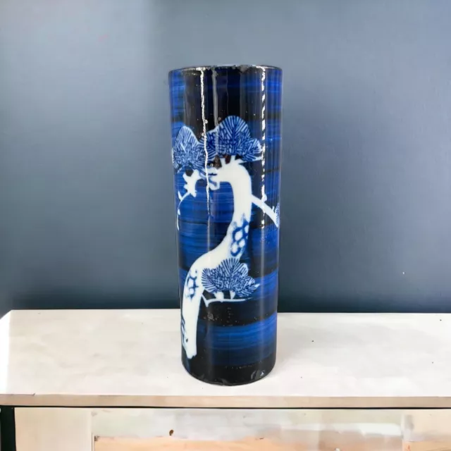 Vintage Hand Painted Blue and White Takahashi Porcelain Cylinder Abstract Vase