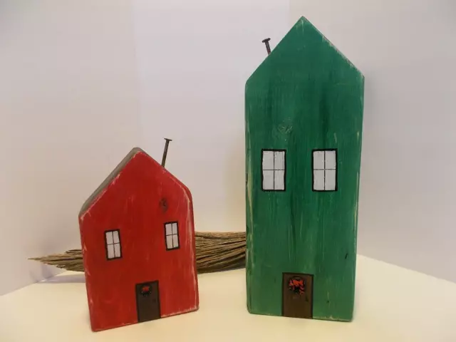 Primitive 2 Small Wooden House Folk Art Farmhouse Cottage Core Decor Holiday