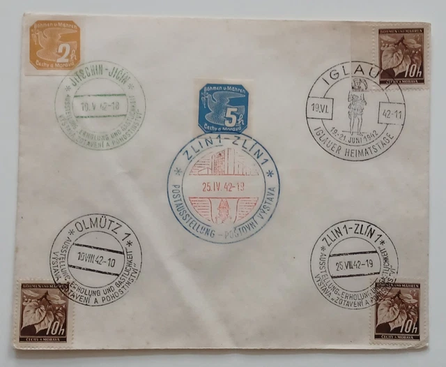 Böhmen und Mähren 1942: ein Briefumschlag mit 5 Marken und Sonderstempeln, echt