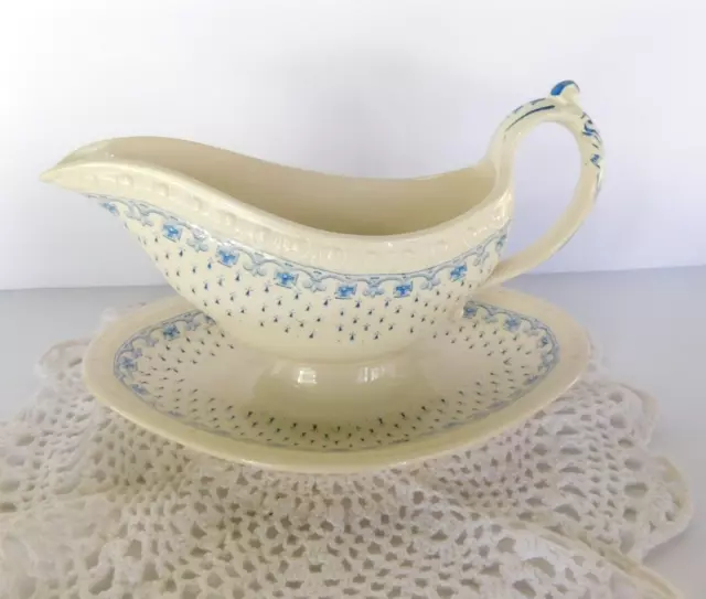 Antique Spode Ermine Blue Gravy Boat / Attached Underplate, England