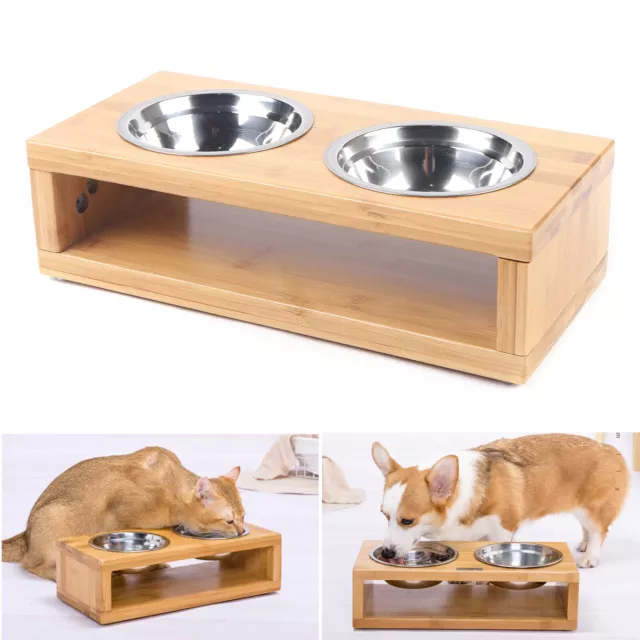 Quality Carbonized Bamboo Pet Feeder Brown Non-Spill with 2 Stainless Steel Bowl