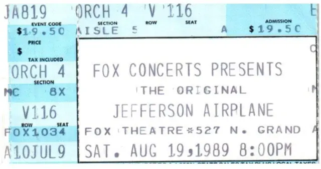 Jefferson Airplane Ticket Stub August 19 1989 St. Louis Missouri