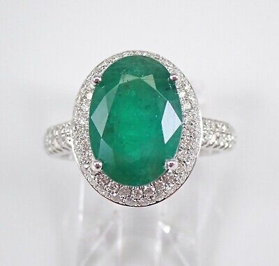 14K White Gold 5.00 ct Diamond and Emerald Halo Engagement Ring May Gem Size 6.5