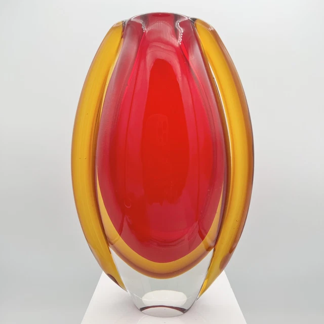VTG IKEA HAND Blown Sommerso Oval Sunfire Orange and Red Art Glass Vase (B) $89.93