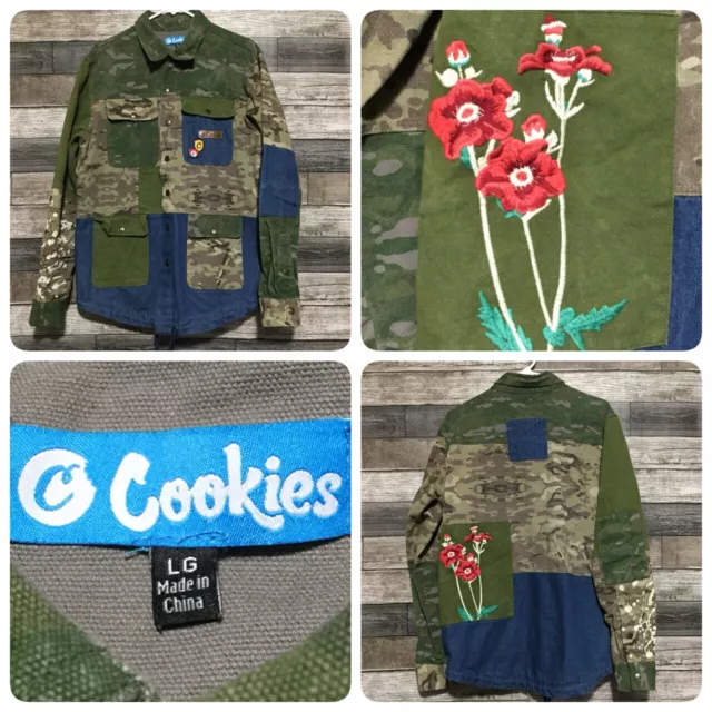 Cookies Camo Patchwork Denim Shirt Jacket Men’s L Utility Cargo Military C3