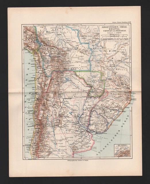 Landkarte map el mapa 1892: ARGENTINIEN, CHILE, BOLIVIA, URUGUAY UND PARAGUAY.