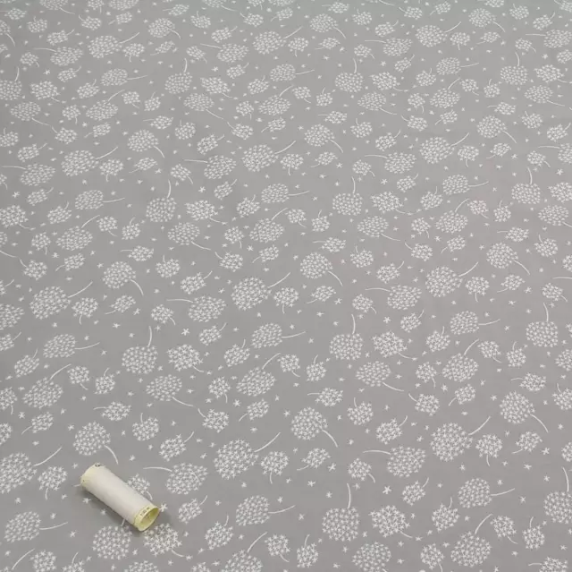 GREY & WHITE DANDELION HEADS COTTON TRICOT COTTON JERSEY FABRIC * Stretch Kni...