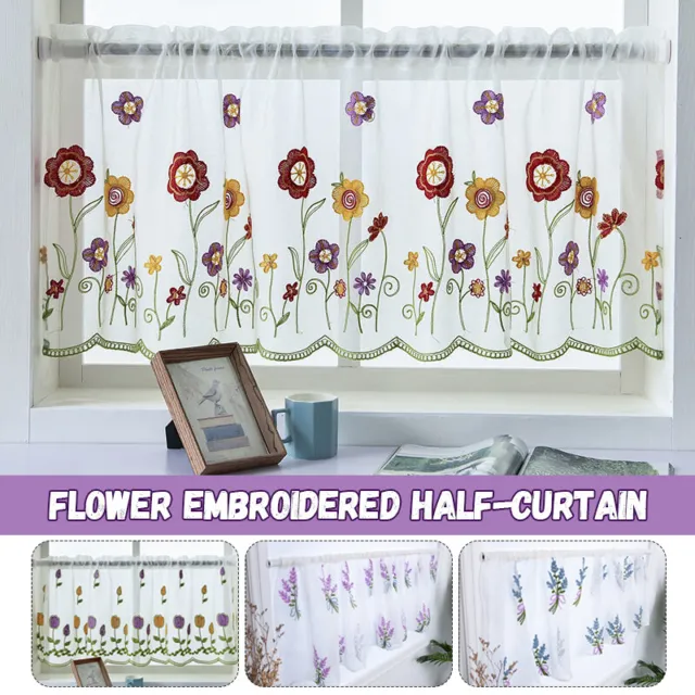 Kitchen Cafe Sheer Short Curtains Embroidered Flower Half-Curtain Window Drape