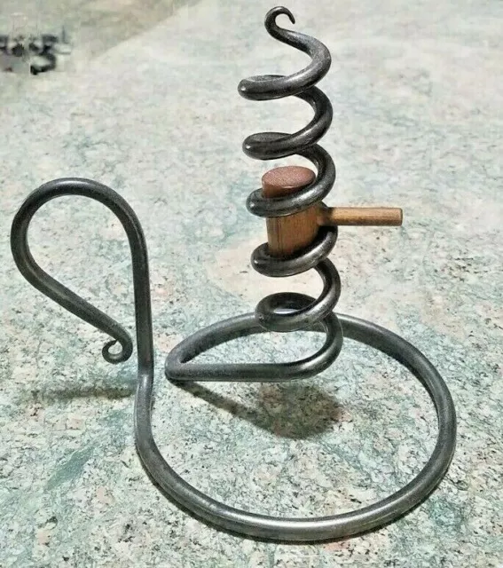 Vintage Primitive Wrought Iron Spiral Courting Candle Holder with Wood Adjuster