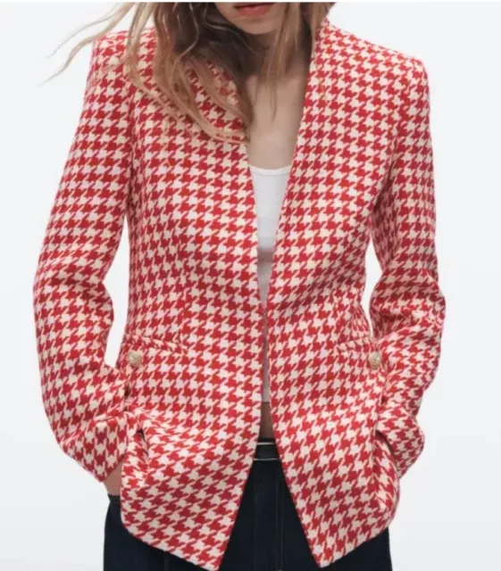 Zara Woman New Lapelless Fitted Blazer Jacket Houndstooth Ecru / Red 2145/520 Xs