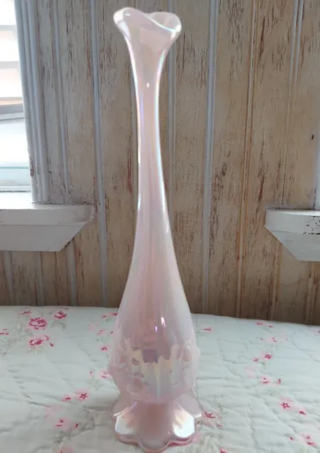 Vintage Fenton Pink Pearl Opalescent Cabbage Rose Swung Vase 10 Inch Carnival