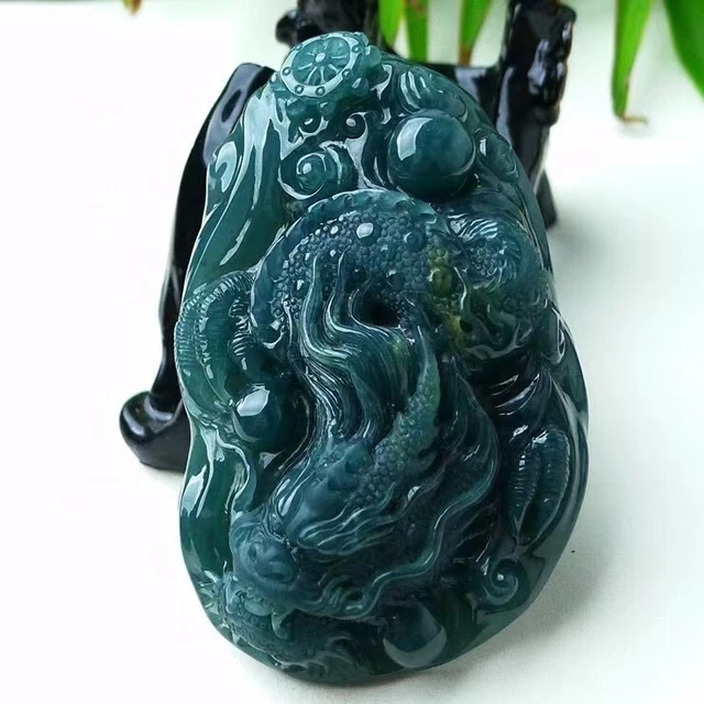 85mm 100% Natural Blue Green Jadeite Jade Dragon Pendant YX0322