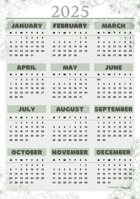2025 PRINTABLE PDF Year Calendar A4 size £2.79 - PicClick UK