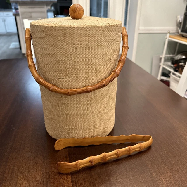 Vintage 10" Ice Bucket Grass Cloth & Faux Bamboo tiki luau palm beach lanai pool Vintage 10" Ice Bucket Grass Cloth & Faux Bamboo tiki luau palm beach lanai pool