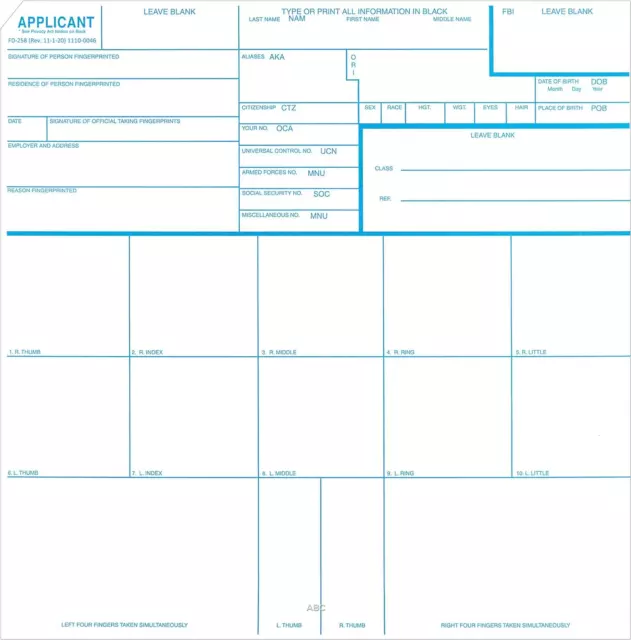 Fingerprint Cards, Applicant FD-258, 5 cards by FBI