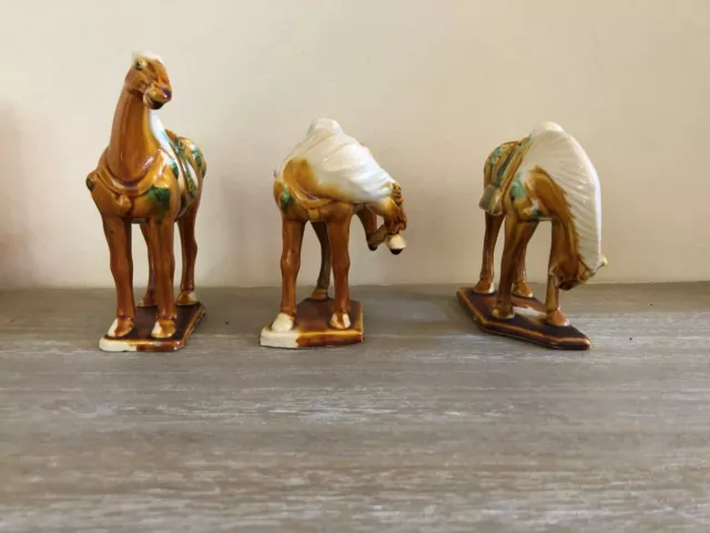 3 x Chinese Tang Style War Horse Statue Tri-Color Horses Sancai Ceramic Glazed