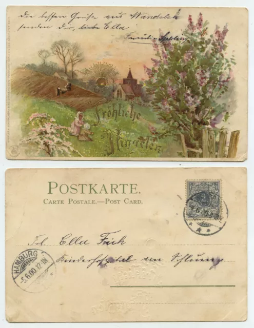 69575 - Fröhliche Pfingsten - Dorf-Idyll - Prägekarte, gelaufen Hamburg 5.6.1900