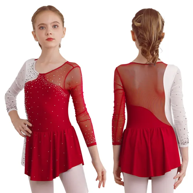 US Kid Girls Shiny Sheer Mesh Long Sleeve Dress Ballet Skirted Leotard Dancewear