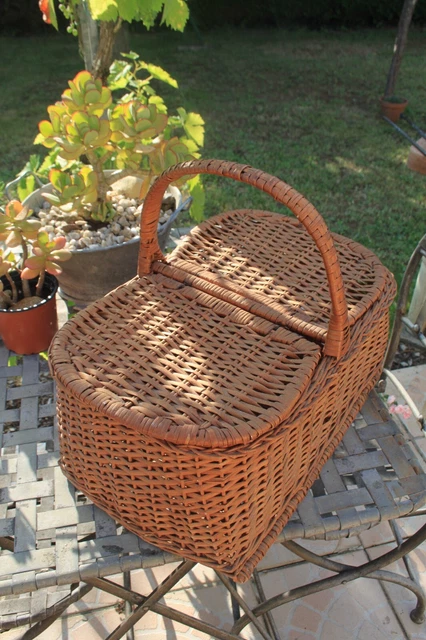 Grand Panier à Pique-nique Ancien En Osier Avec 2 Réserves à Bouteilles - 50x30x44cm