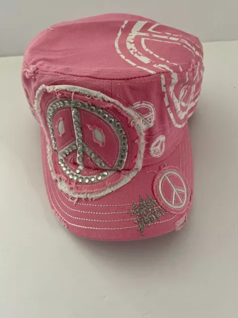 Pink Rhinestone Peace Bling Fashion Women's Cadet Vintage Distressed Cap  Hat