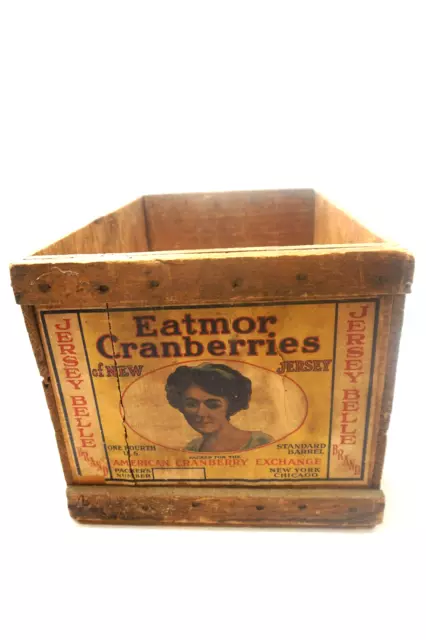 Antique Wood Fruit Crate Eatmor Cranberries Advertising Victorian Lady Label