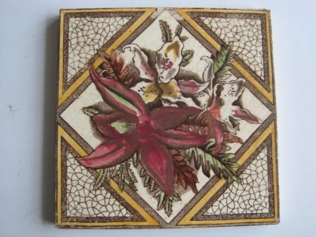 Antique Victorian 6" Print & Tint Floral Wall Tile - Burgundy Flower  J & W Wade