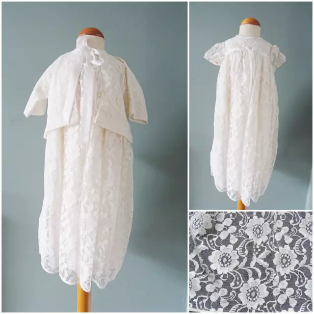 Vintage Christening Gown Dress Jacket 1960s Babys Ivory Floral Lace Baptism 60s