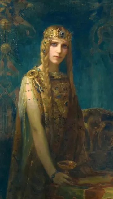 Oil painting Gaston Bussiere - Isolde beauty young fairy with The Holy Grail art