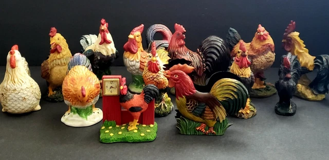 Rooster And Hen Figurine Lot (13) Plastic Resin Ceramic 3"-6"