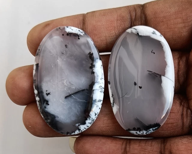 TOP RARE!! Natural Dendrite Opal Agate Oval Cabochon Loose Gemstone 2Pcs Lot W43