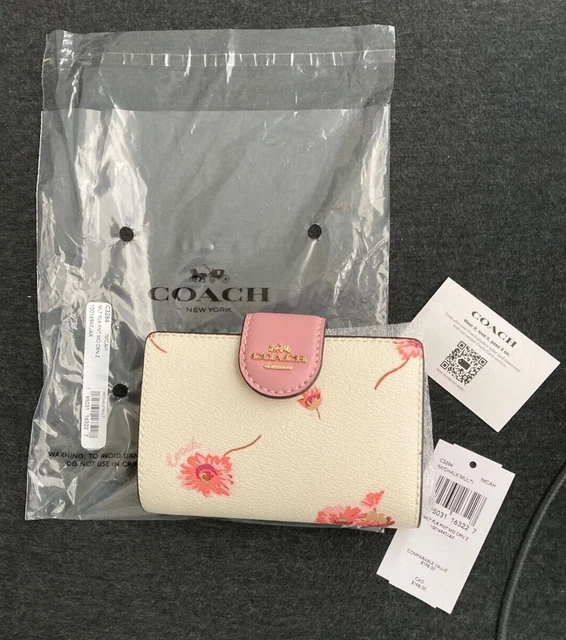 Coach Medium Corner Zip Wallet With Multi Floral Print Chalk With Pink Floral