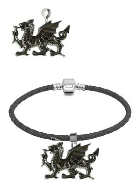 Welsh Dragon charm on a silver Faux Leather Snake Bracelet or charm g51