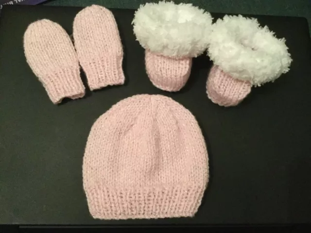 Hand Knit Smaller / Premature Baby pink Silver Hat Mittens & Snuggly Bootees