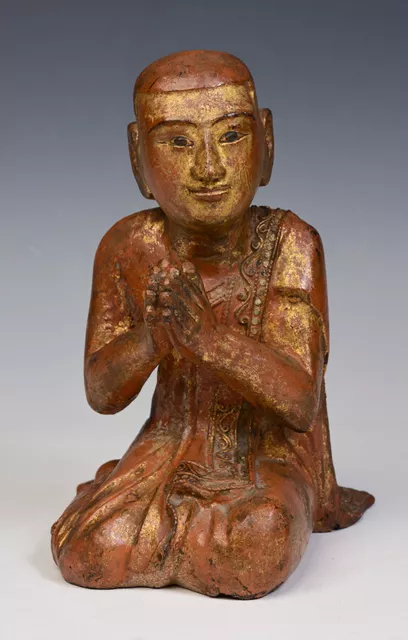 19th Century, Mandalay, Antique Burmese Wooden Seated Disciple