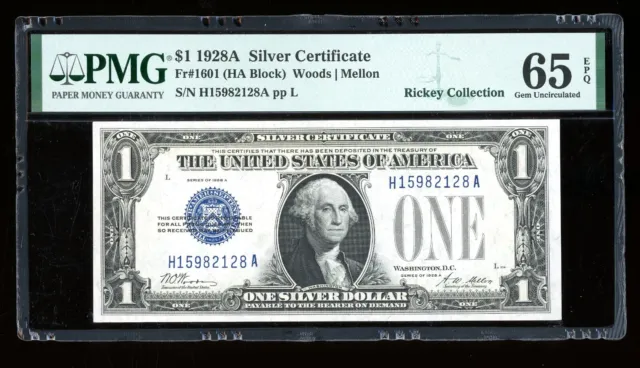 DBR 1928-A $1 Silver Funnyback Fr. 1601 HA Block Gem PMG 65 EPQ Ser # H15982128A