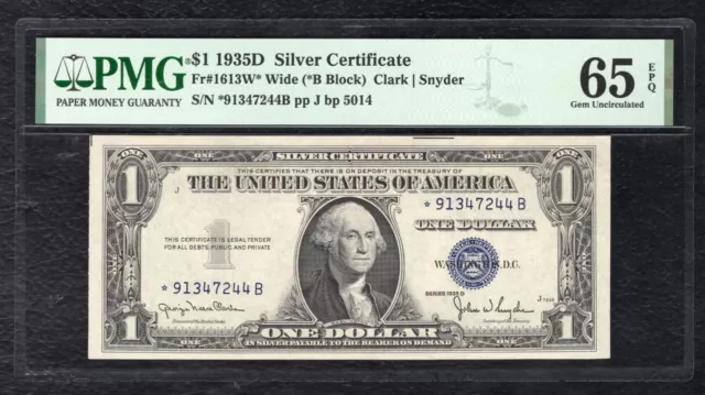 Fr.1613W* 1935-D $1 One Dollar *Star* Silver Certificate“Wide” Pmg Gem Unc-65Epq