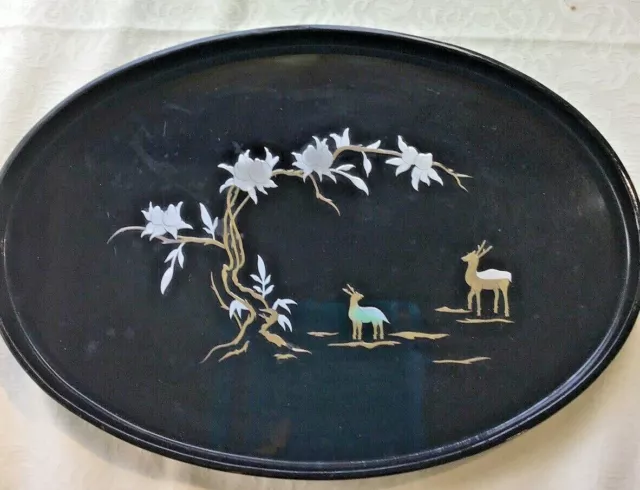 Chinese Asian Black Oval Large Lacquer Lacquerware Tray brass  Silver Inlay Deer