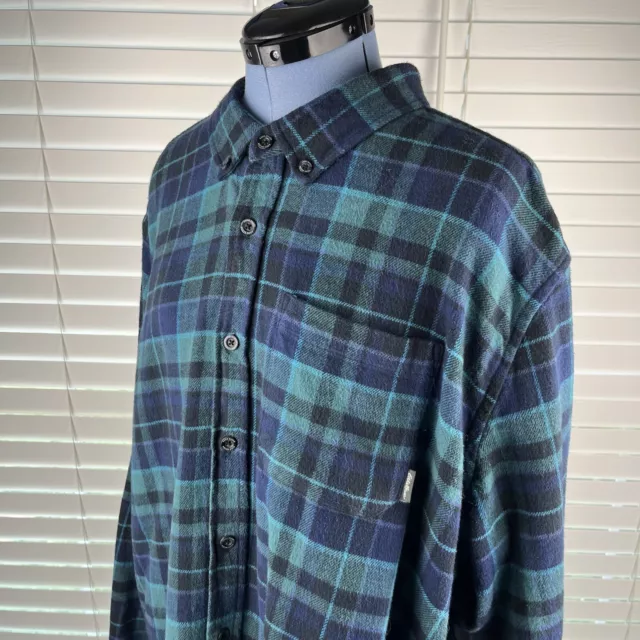 Eddie Bauer Flannel Shirt Mens Size 2XB Blue Green Plaid Button Up Long Sleeve