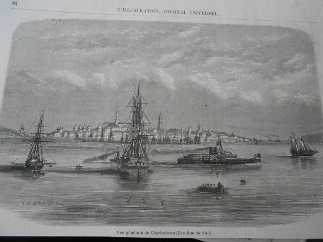Gravure 1861 - Vue générale de Charlestown ( Caroline du Sud )